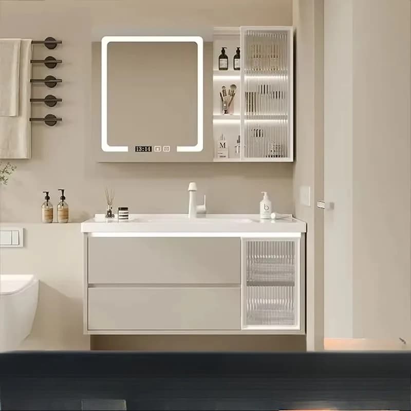 Mobili da Bagno Semplici con Lavabo Integrato in Ceramica, Specchio Intelligente per il Trucco, Mensola a Parete e Cassetto