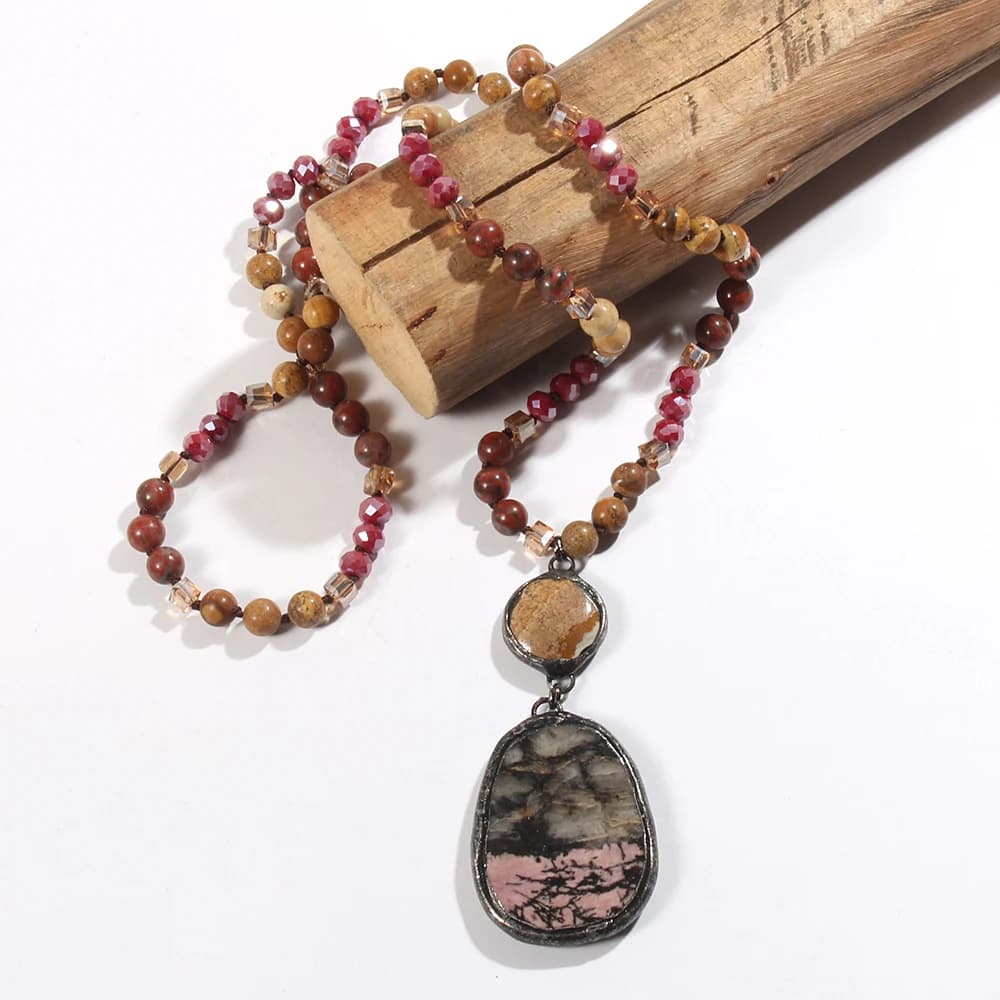 RH Fashion Bohemian Jewelry Accessory 8mm Stone Beads Knotted Dorp Charm Pendant Necklaces For Festival Gift
