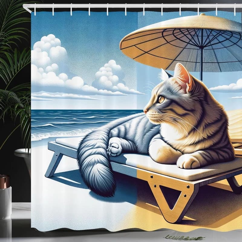 Tenda da doccia per gatti, prendere il sole, gattino, mare, sabbia, costa, tempo libero, vacanza, costa estiva, animale divertente, arredamento per il bagno in tessuto di stoffa
