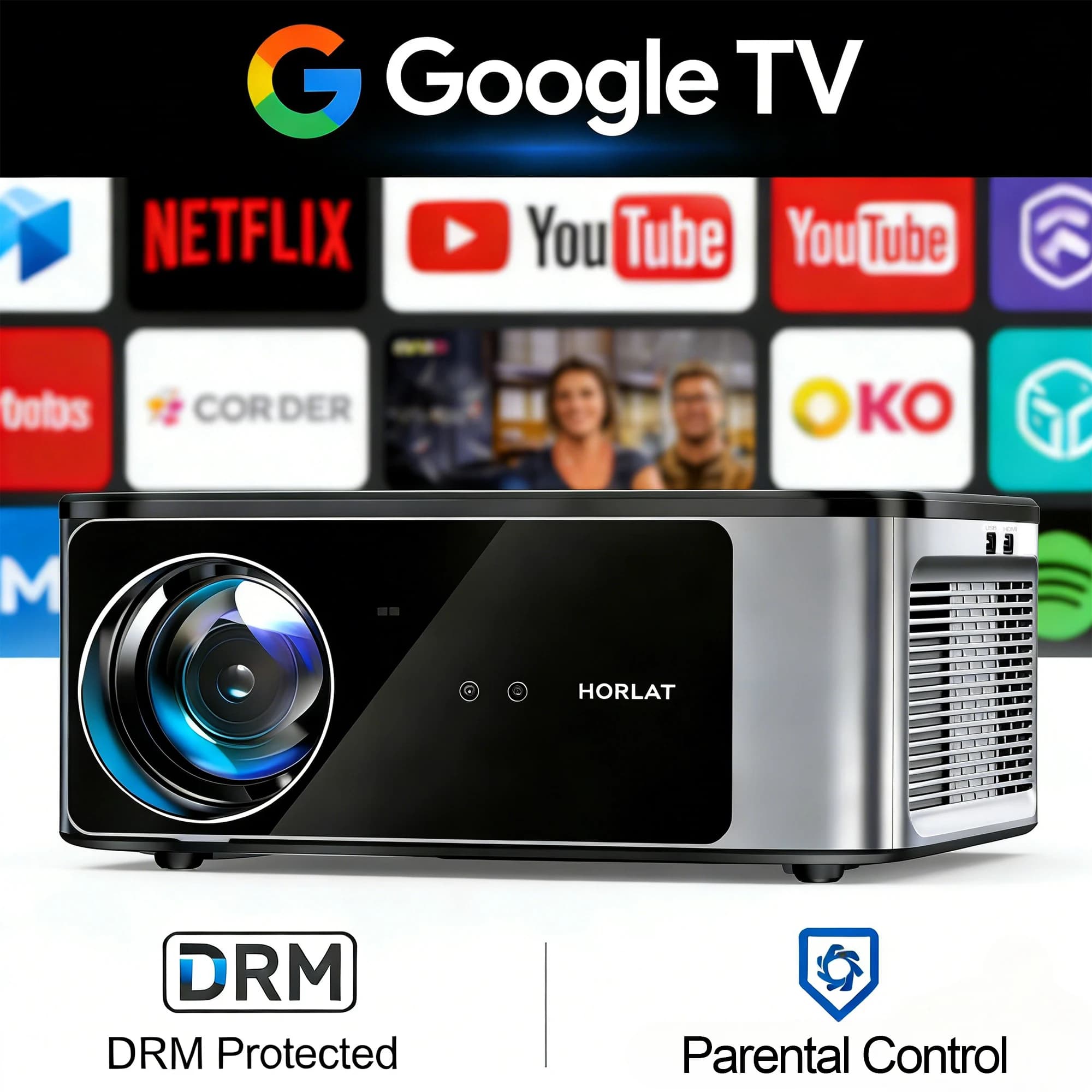 Proiettore HORLAT Google TV Android 11, 3000 ANSI Lumen, Auto Focus, WiFi 6, Supporto 3D Full HD 1080P 4K, Proiettore Smart per Home Theater