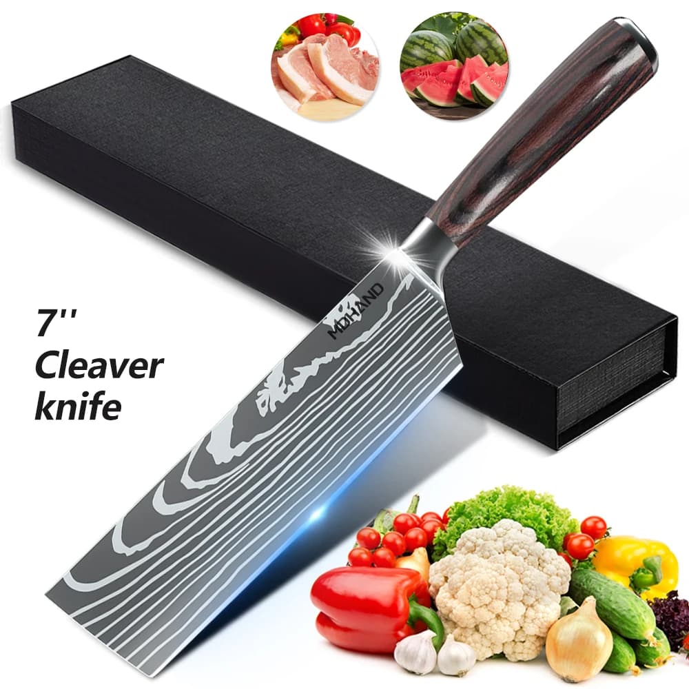 MDHAND Coltello da cuoco Santoku da 7 pollici Coltello da cucina in acciaio inossidabile Mannaia multifunzione ultra affilata Imitare coltello modello Damasco