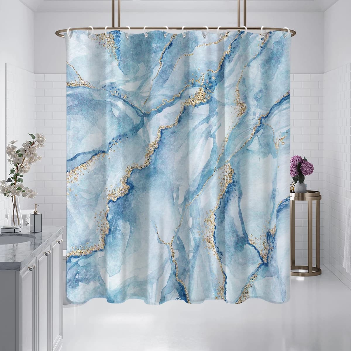 1 Piece of 180x180cm Blue Marble Pattern Digital Printing Shower Curtain Partition Bathroom Waterproof and Mold Resistant