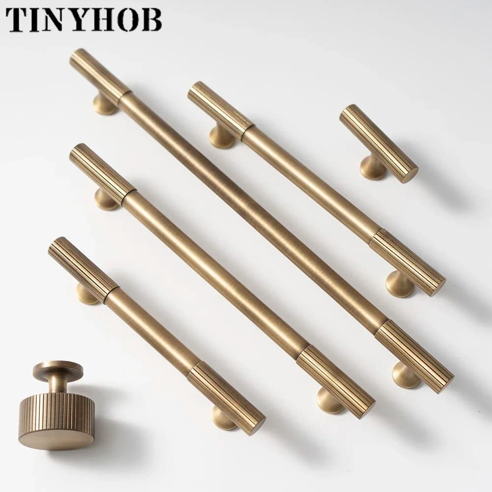 Maniglia e pomello per armadio in ottone bronzo antico, pomelli per cassetti in ottone massiccio zigrinato lineare, barra a T, hardware per armadio da cucina per camera da letto