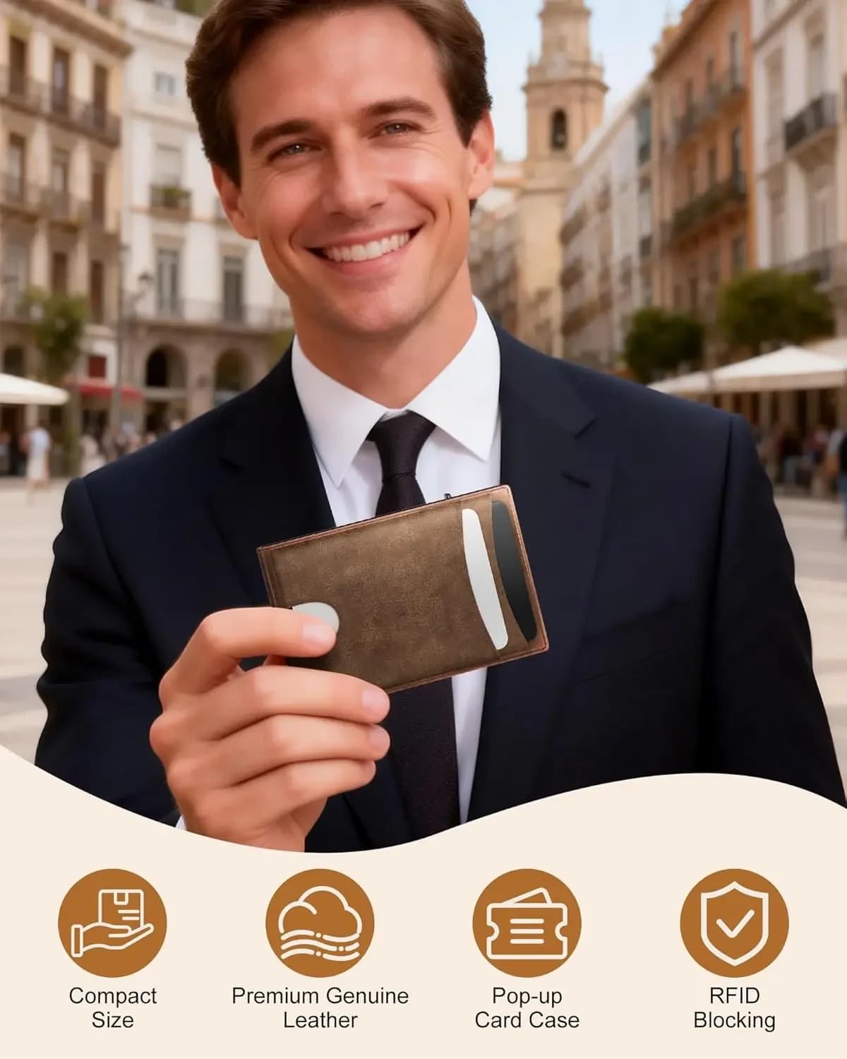 Portafoglio Slim da Uomo con Blocco RFID, Porta Carte Pop-Up in Vera Pelle, 2 Finestre per Documenti, Design Compatto per Tasca Frontale