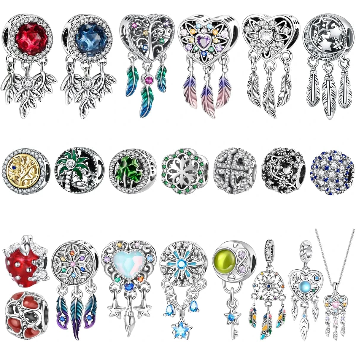 Romantic 925 Sterling Silver Ball Cat's Eye Charms Colorful Dreamcatcher Beads Pendants Women Bracelet Necklace DIY Fine Jewelry