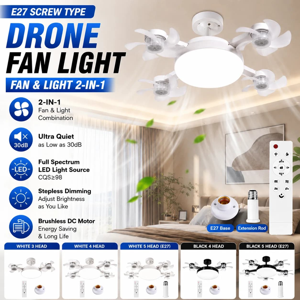 Drone Fan Light 2in1 LED Ceiling Fan Lamp Ultra Quiet 30dB Full Spectrum CQS≥98 Stepless Dimmable Brushless DC Motor