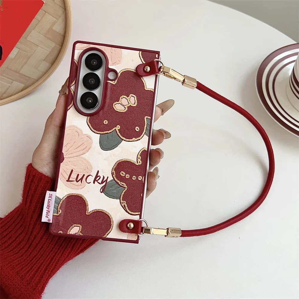 Custodia in pelle PU stile borsa Lucky Flowers per Samsung Galaxy Fold 7/Fold 6/Fold 5/Fold 4/Fold 3/W25 Custodia protettiva con cordino