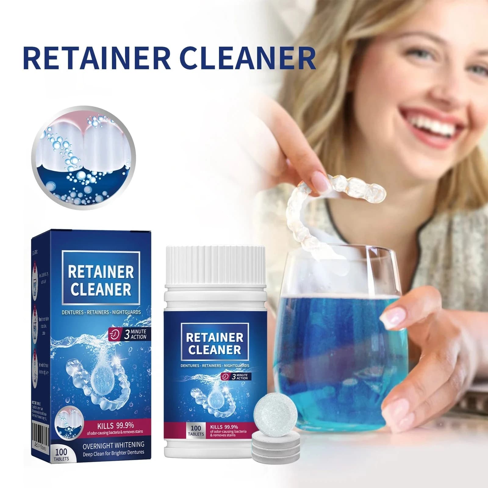 100PCS Denture Cleaner Tablets Retainer & False Tooth Cleaning Tablets Removes Odor Orals Cleaning Retainer Cleaner Fresh Breath