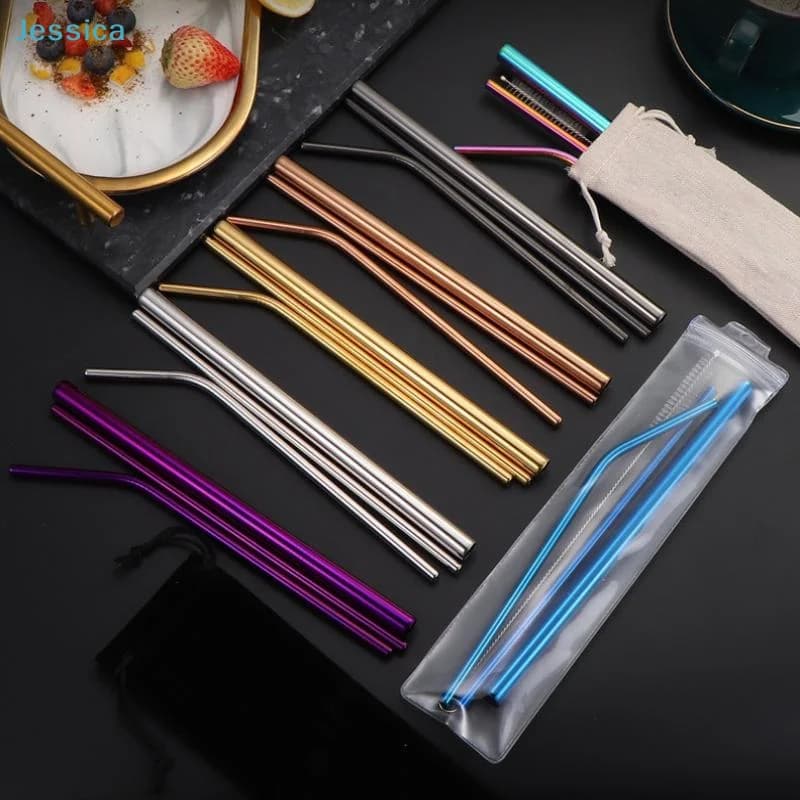 ♥Reusable Stainless Steel Straws Set - Colorful Metal Drinking Straws with Cleaning Brush (Eco-Friendly)