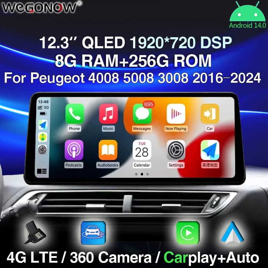 QLED 1920*720 LTE Carplay Auto Android 14.0 8G + 256G Lettore DVD per auto GPS WIFI Bluetooth Radio per Peugeot 4008 5008 3008 2016-2024