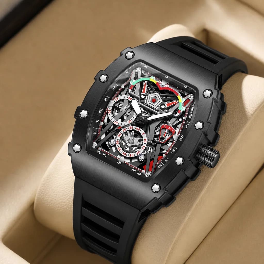 Orologio al quarzo da uomo con quadrante nero, cinturino in silicone, cassa tonneau vintage, dettagli sportivi e scheletrati, ideale per l'uso quotidiano, affari e feste.