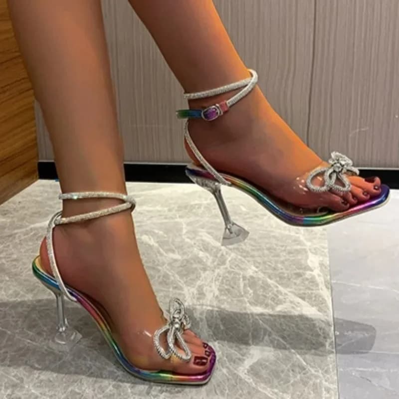 New Plus Size Sexy Lace-Up High Heel Sandals Summer Square Toe Open Toe Bow Sheer Buckle Stiletto Non-Slip Sandals
