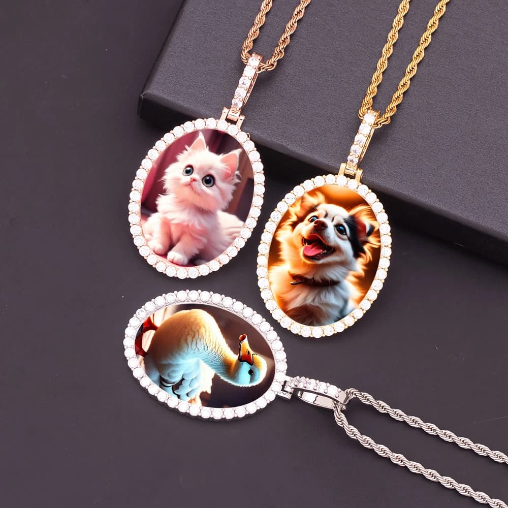 DIY Customized Frozen CZ Oval Frame for Empty Photo Pendant Hip Hop zircone Cubic Brass Polished Pet Memory Image Charm Jewelry Necklace