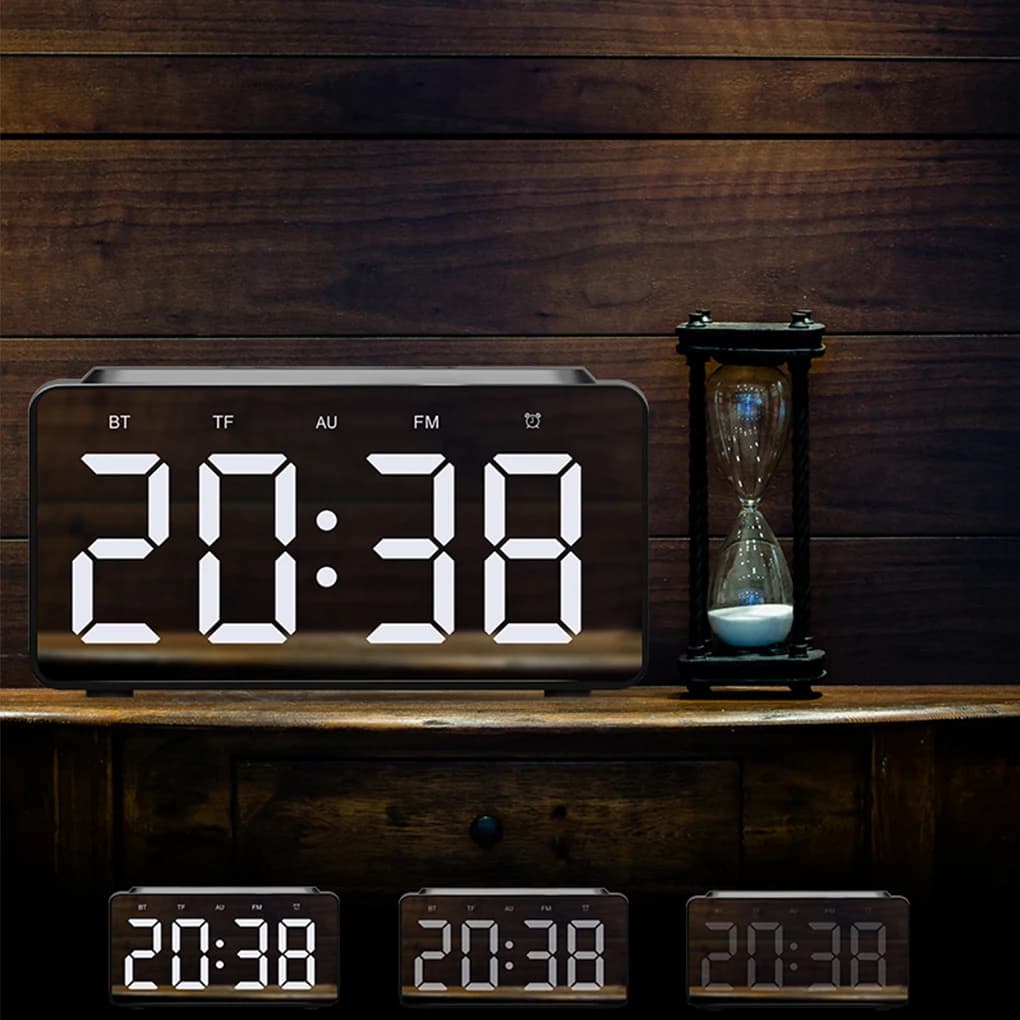 Sveglia digitale a LED con ricarica Wireless altoparlante Bluetooth specchio camera da letto arredamento per ufficio schermo da tavolo temperatura Radio FM