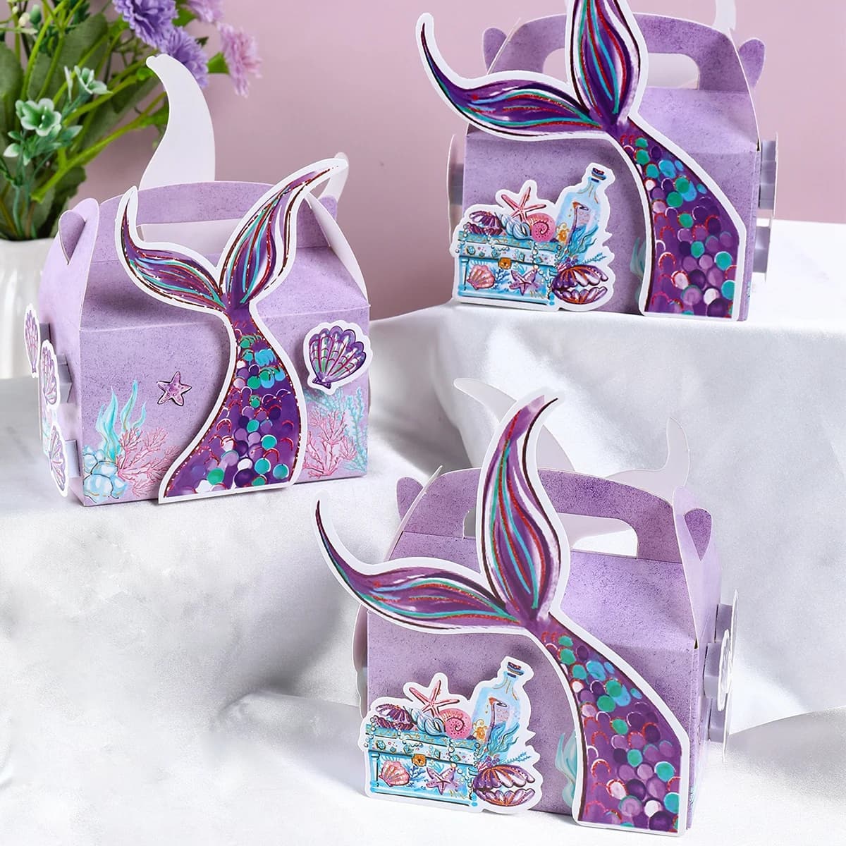 4 pezzi 3D coda di sirena scatola di caramelle portatile confezione regalo scatole di carta bambini piccoli bomboniere decorazioni per feste di compleanno a sirena