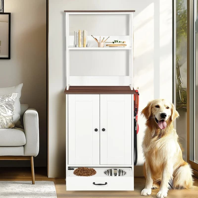 White 2-Tier Pet Feeding Station with Adjustable Panel, Storage Shelf, Dog & Cat Food and Water Bowls
