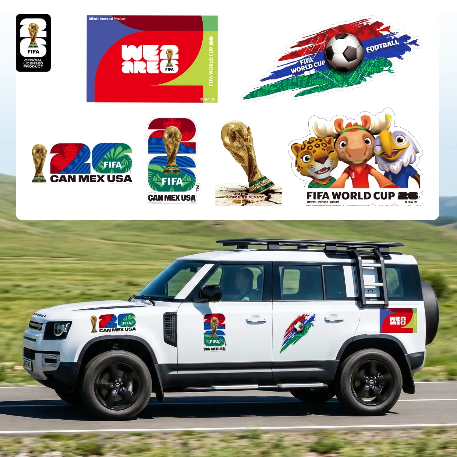 Adesivo Ufficiale per Auto Coppa del Mondo FIFA 2026 con Trofeo, Città Organizzatrice e Design della Mascotte - Adesivo Impermeabile per Auto