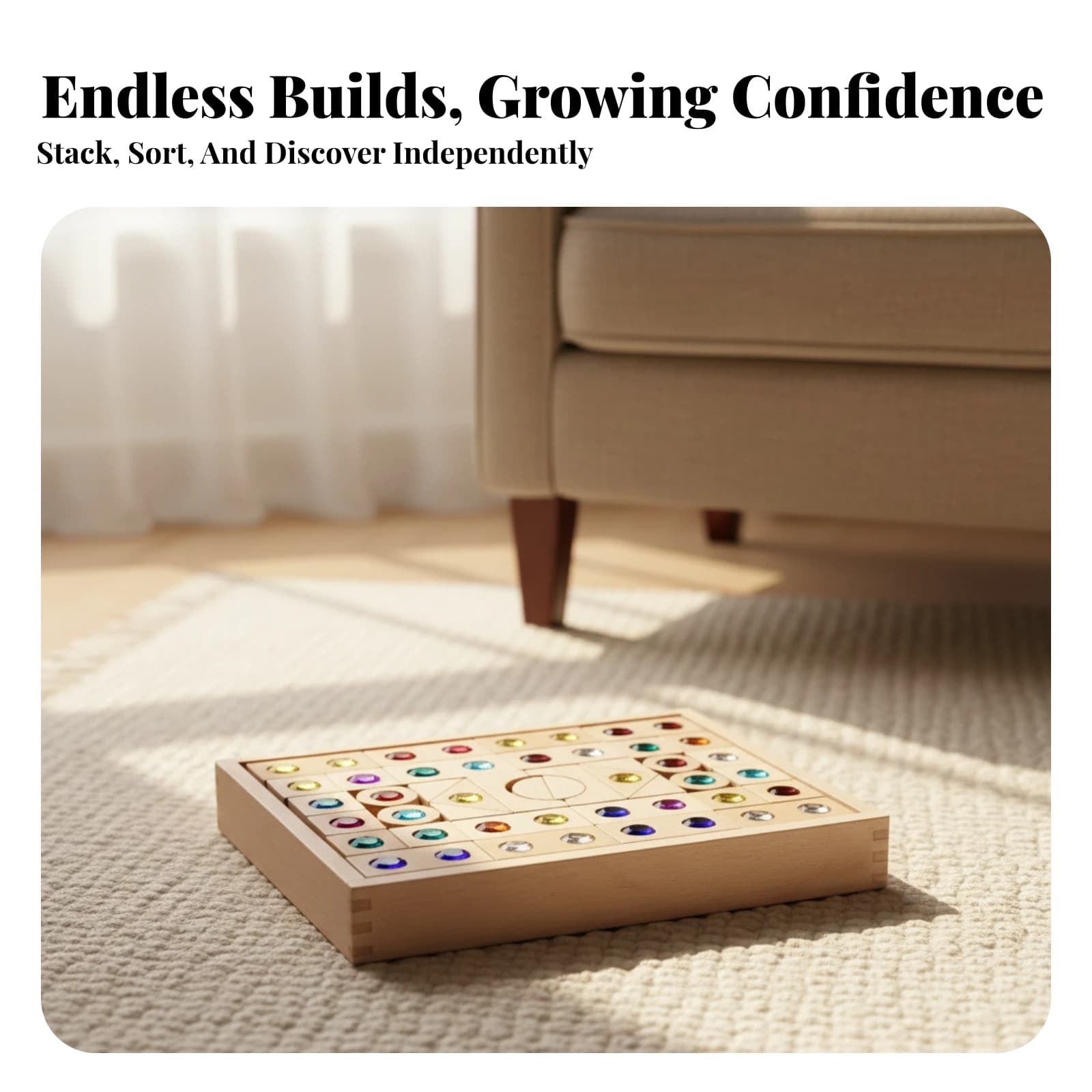 50 Pieces Wooden Block Set with Jewels Solid Wood Wooden Castle Blocks Construction Playset Translucent Toy Natural for Children
