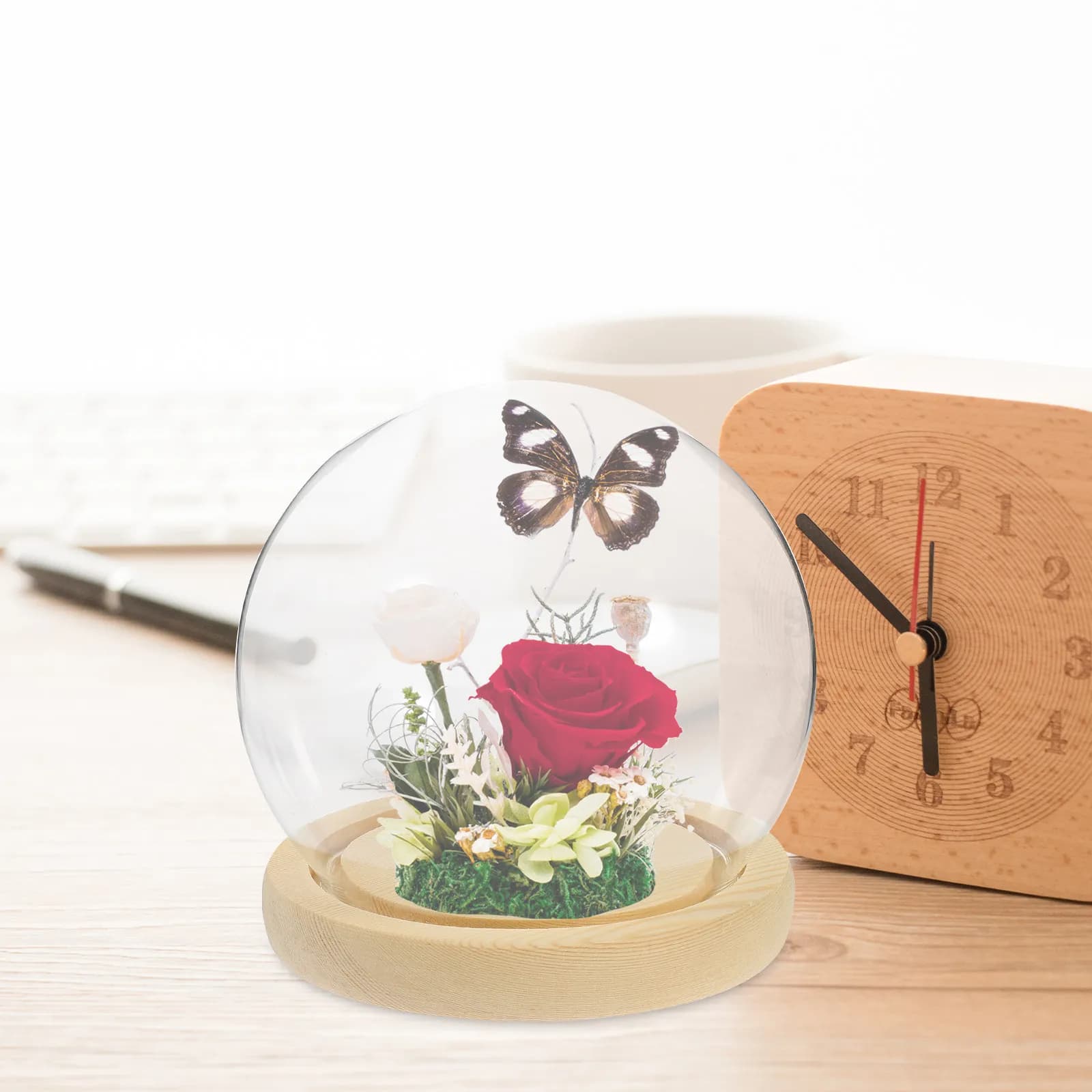 Cupola di Vetro Trasparente con Base per Fiori, Decorazione da Tavolo, Luci LED, Globo per Rose, Espositore per Piante, Cupola con Luci Fatate