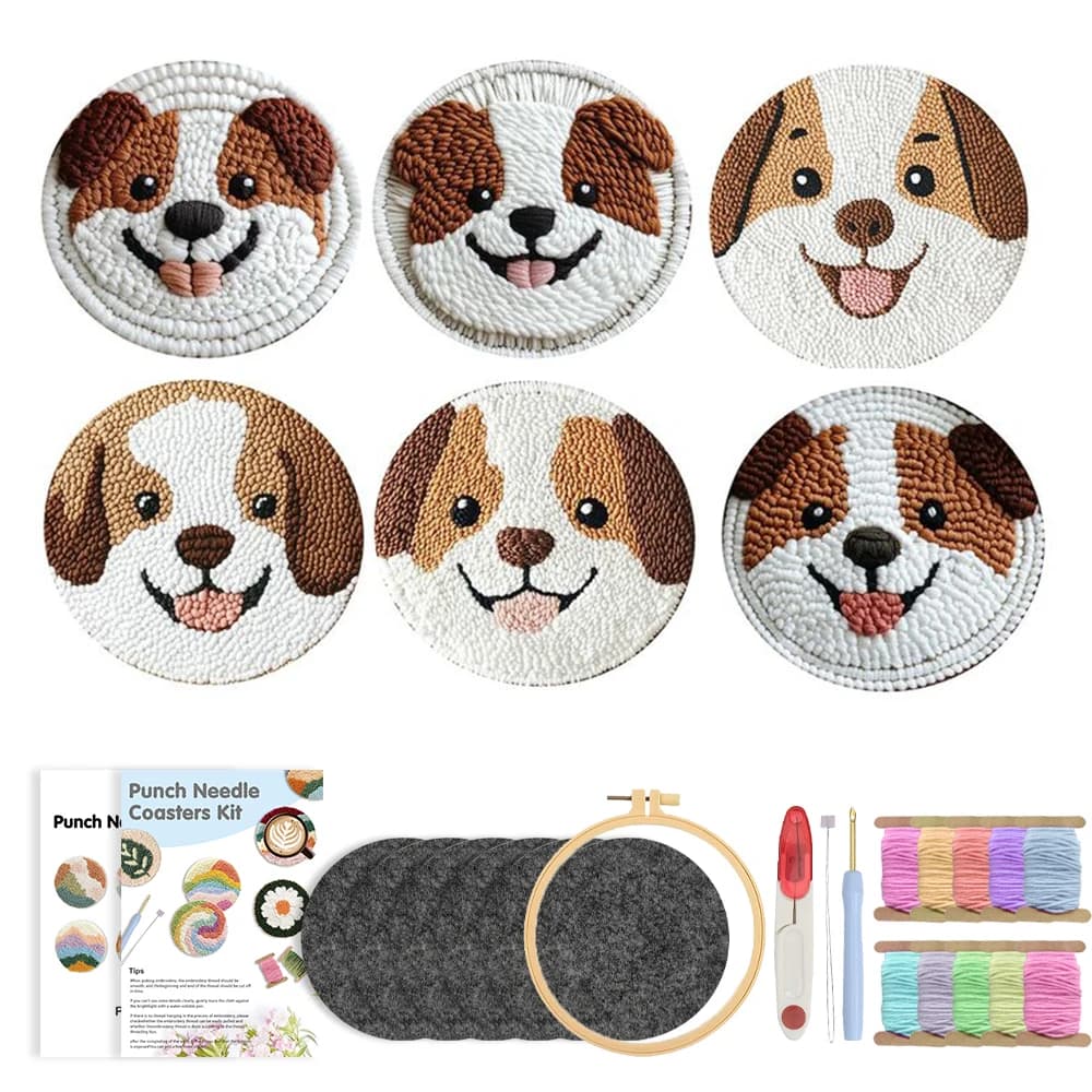 6pcs Cute Dog Animal Punch Needle Coaster Kit for Beginners Soft Yarn Needlework Embroidery Set Home Decor Sewing Tool