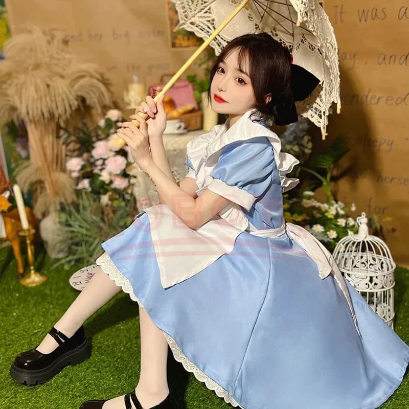 Abito Lolita Alice nel Paese delle Meraviglie per Donne, Grembiule da Cameriera, Gonna per Carnevale, Costumi Cosplay, Abbigliamento per Feste in Maschera di Halloween