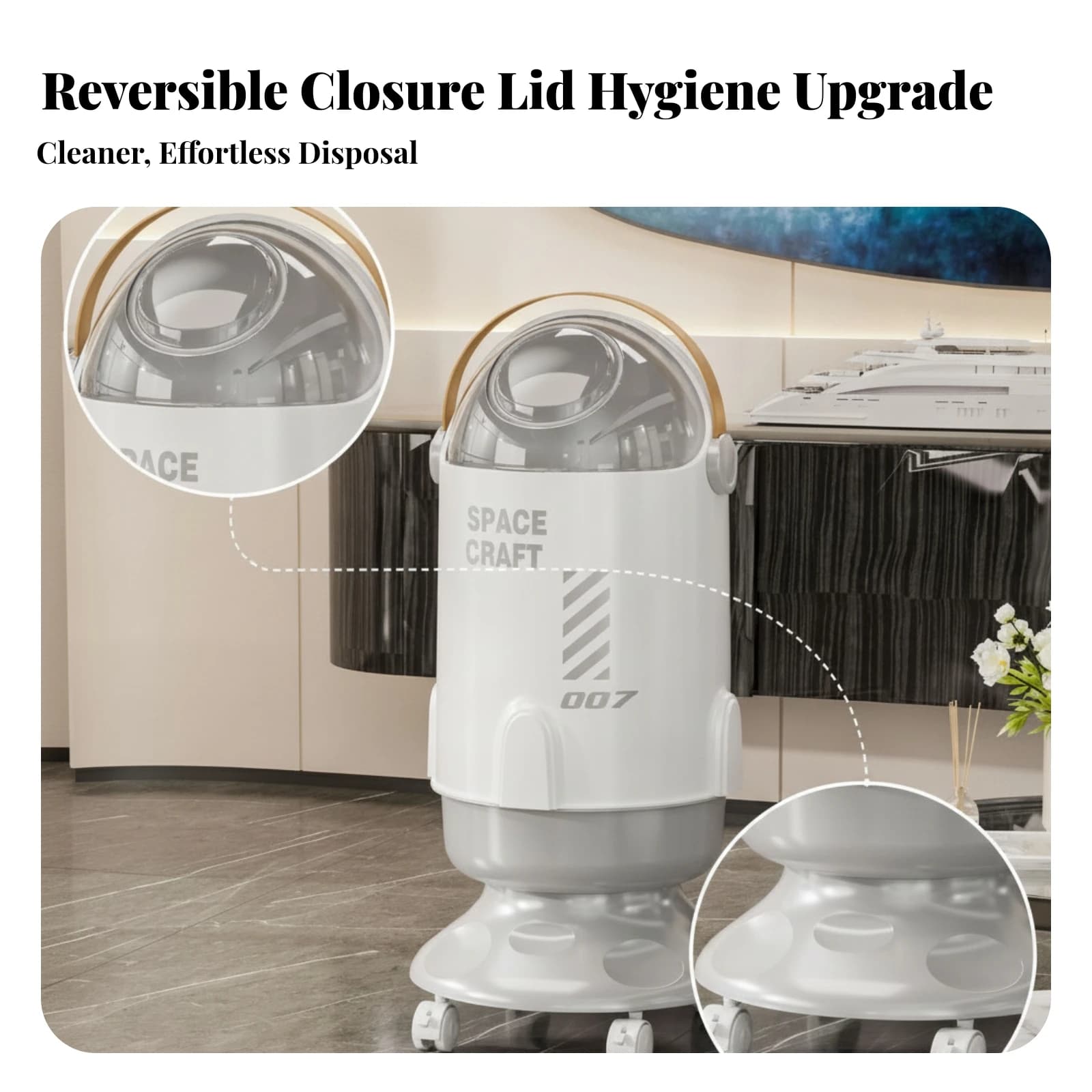 Space Trash Can Glossy Finish Trash Can on Wheels Space Bin Printed Graphics Wastebasket Side Handles