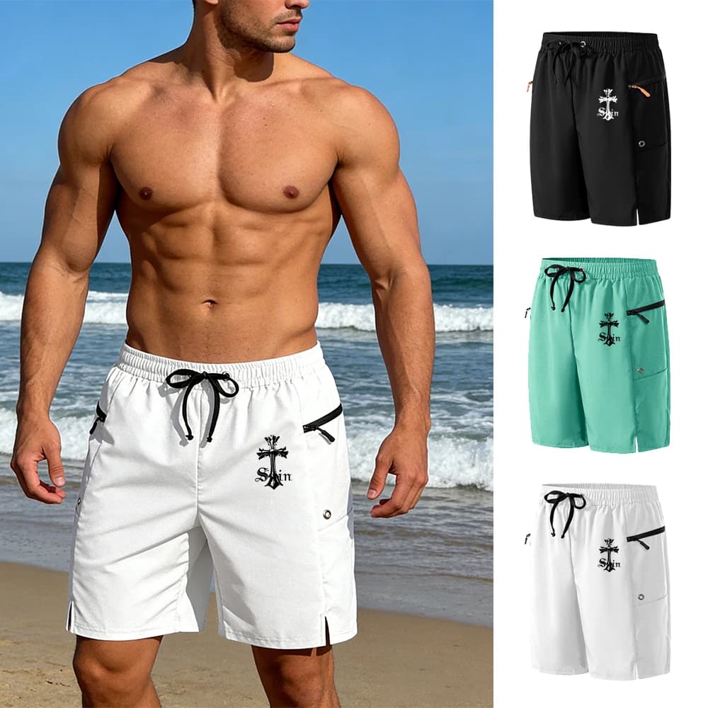 Pantaloncini Casual da Uomo con Stampa a Croce, Nuovo Stile 2026, con Fodera in Rete e Tasche con Cerniera, Asciugatura Rapida, per Spiaggia e Nuoto