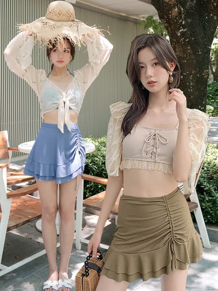 Women's One-Piece Swimsuit High Waist Briefs Drawstring Knot Fish Tail Hem Coffee Powder Blue Black White Lace Trim