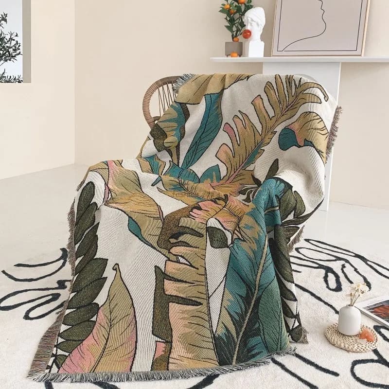 Coperta Nordica in Stile Ins con Foglie Tropicali e Nappe, Copridivano Intrecciato, Coperta per il Riposo per Ufficio, Campeggio, Casa, Esterni