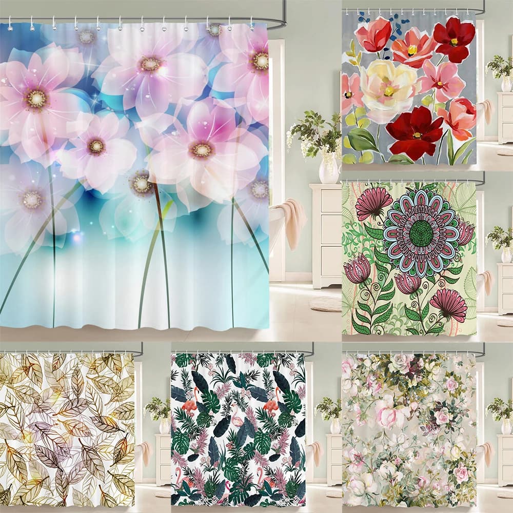 Tenda da doccia con stampa floreale boho, in tessuto di poliestere impermeabile, con ganci, ad asciugatura rapida, lavabile, per bagno
