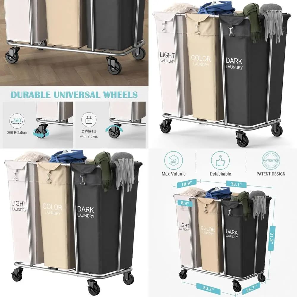 Carrello Portabiancheria a 3 Sezioni da 220L con Sacchi Rimovibili per Casa e Hotel