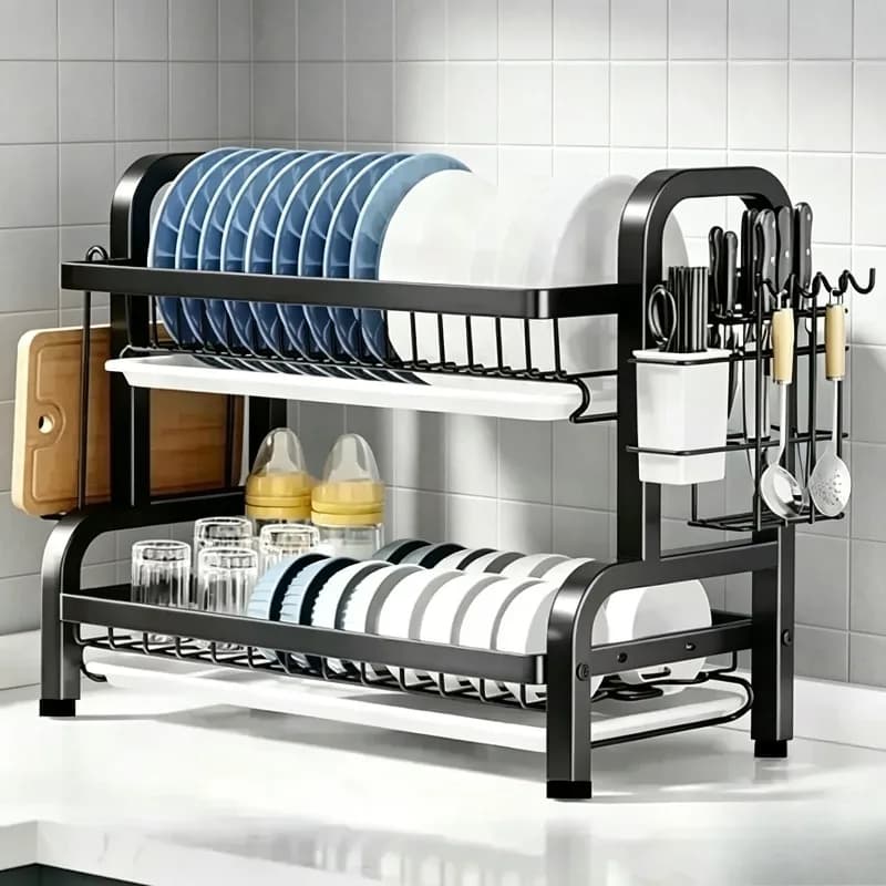Double-layer multifunctional kitchen dish drain rack, countertop plate cup storage rack with knife holder cutting board position