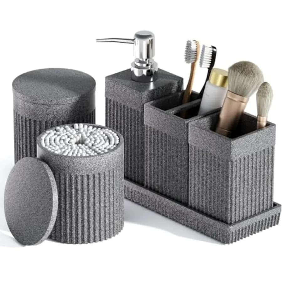 Set da bagno da 6 pezzi Grigio - Organizzatore in resina strutturata in pietra con dispenser di sapone Portaspazzolino Vassoio da trucco Bicchiere in cotone Swa