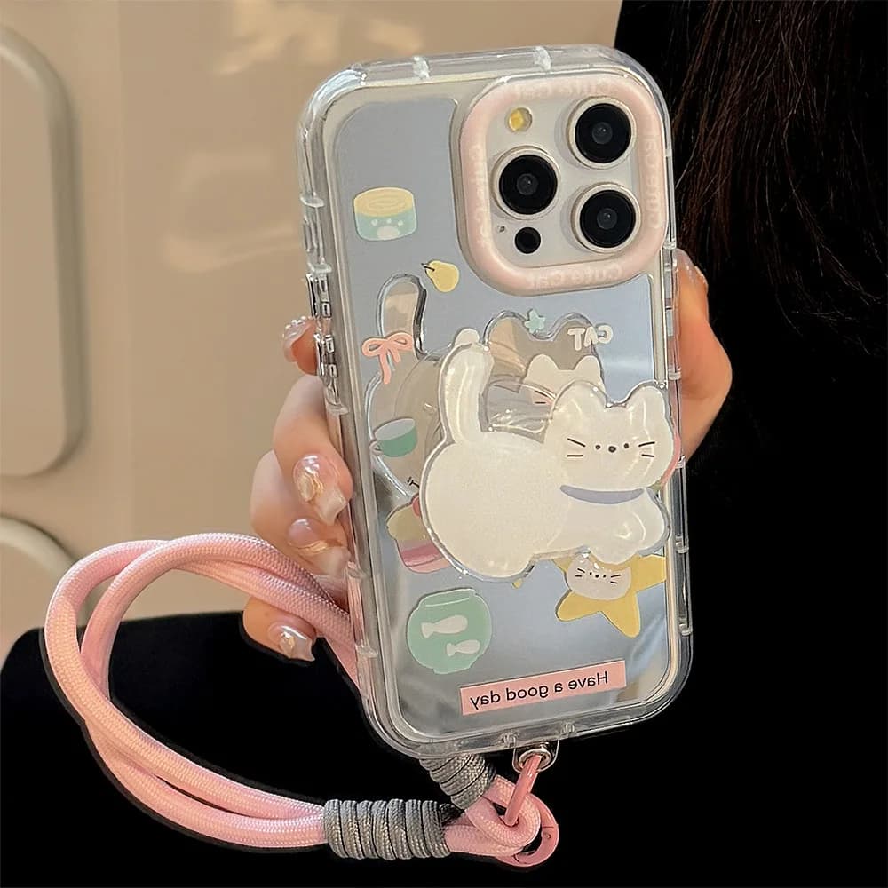 Staffa per gatto bianco cartone animato coreano con custodia per specchio per trucco con cordino per iPhone 11 12 13 14 15 16 17 Pro Max copertura antiurto