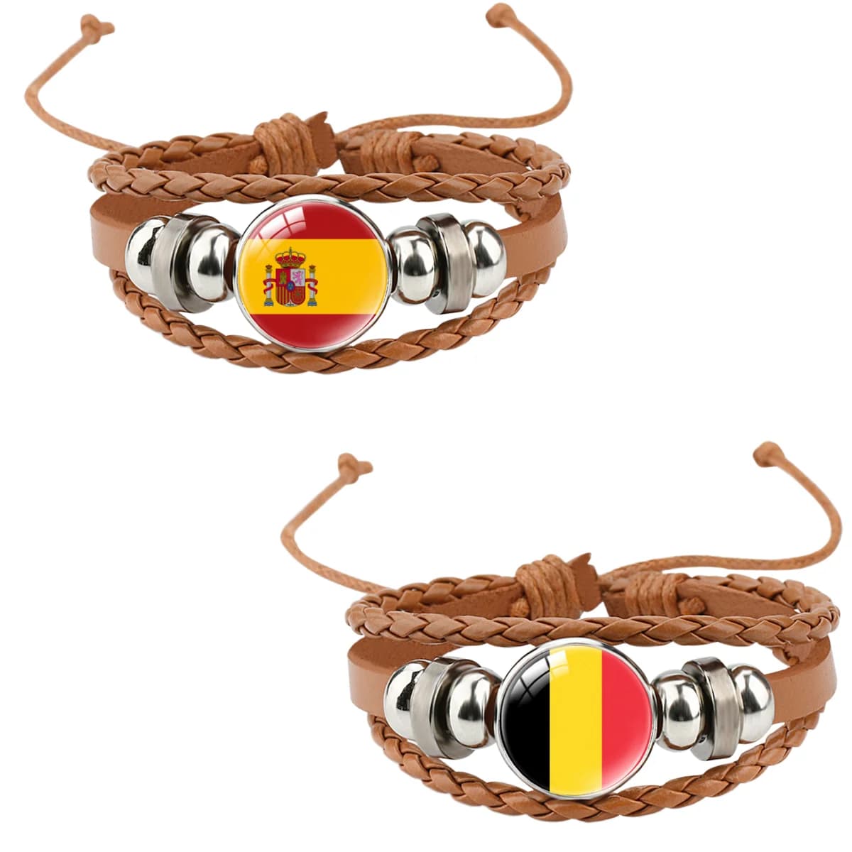 European powerhouse showdown! Spain vs Belgium Flag Pattern Adjustable Leather Bracelet Football Fan Support Bracelet