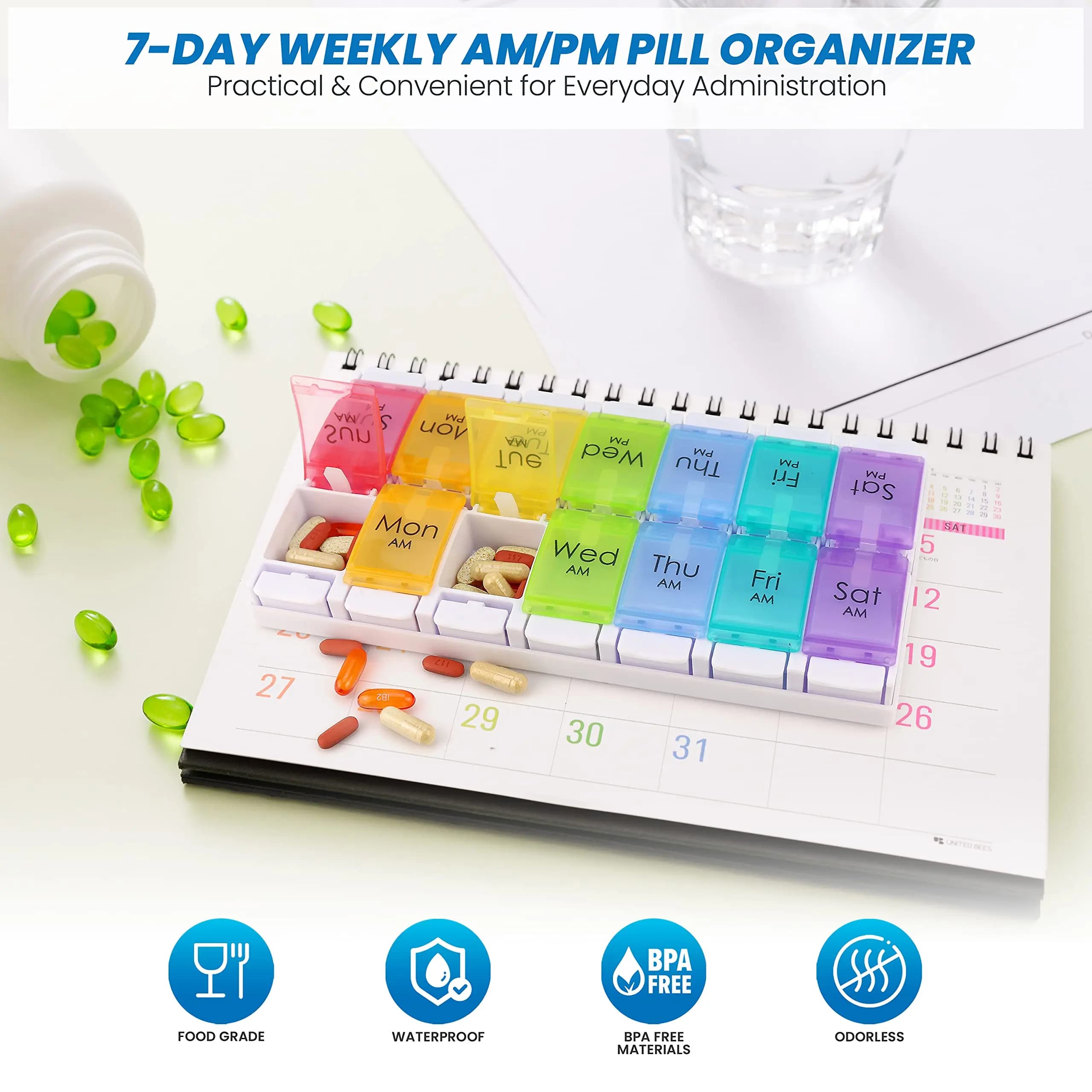 Large Tablet AM PM Pills 7 Days 2 Weeks Dispenser Drugs Easy Button Drugs Vitamins Fish Oil Supplements