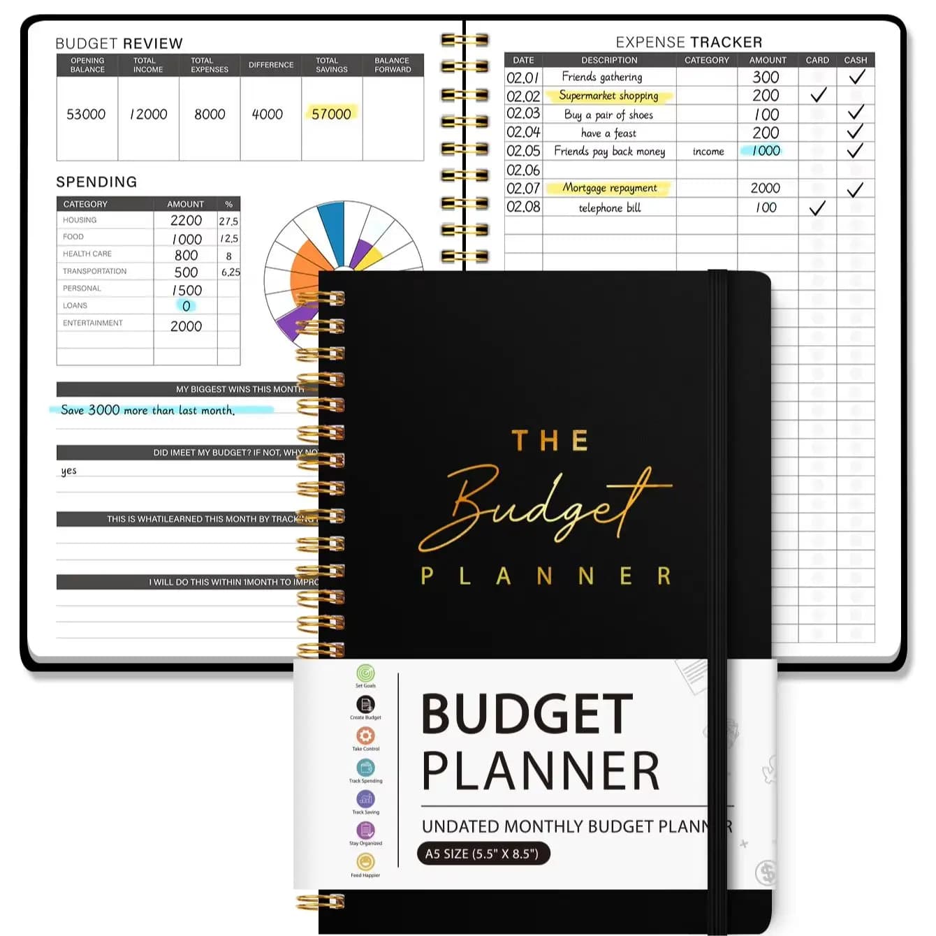 A5 Undated Budget Planner, Monthly Finance Notebook with Expense Tracker, Savings Goals & Income & Spending Record
