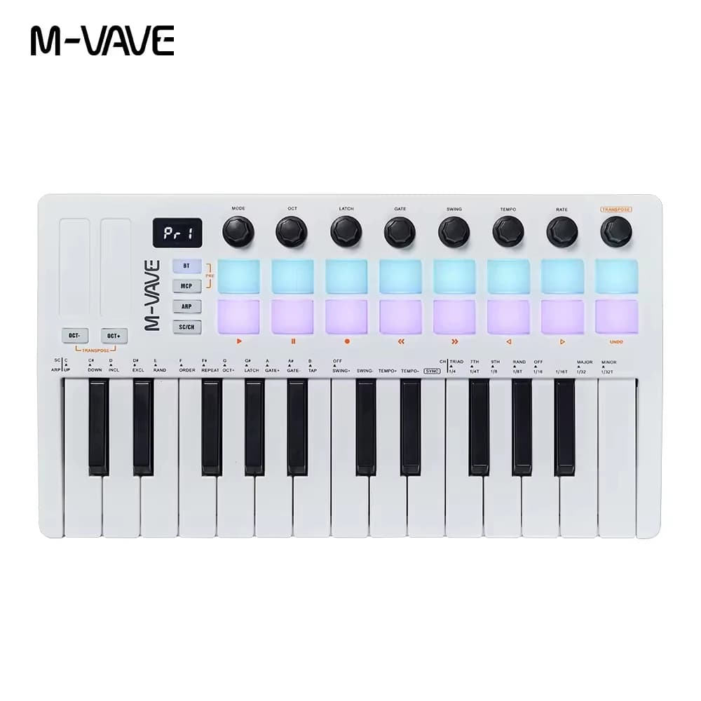 M-VAVE SMK-25 II Bianco, tastiera di controllo MIDI a 25 tasti, mini controller MIDI USB con 16 pad RGB, 8 manopole e software musicale