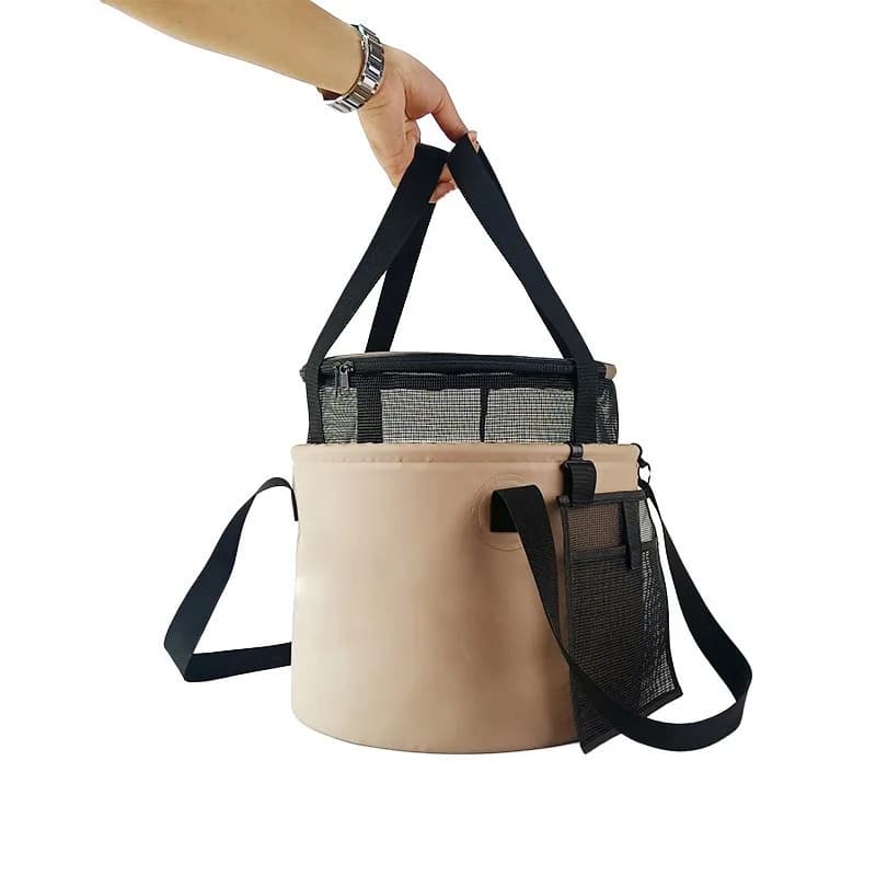 Secchio d'acqua pieghevole in PVC con borsa a rete per campeggio, pesca, viaggi all'aperto