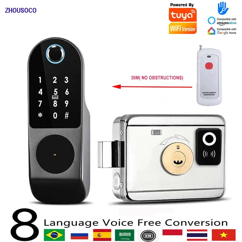 Tuya Wifi Smart Door Lock Impronta digitale Serratura digitale biometrica Smart Card Password APP Serratura elettronica senza chiave con telecomando