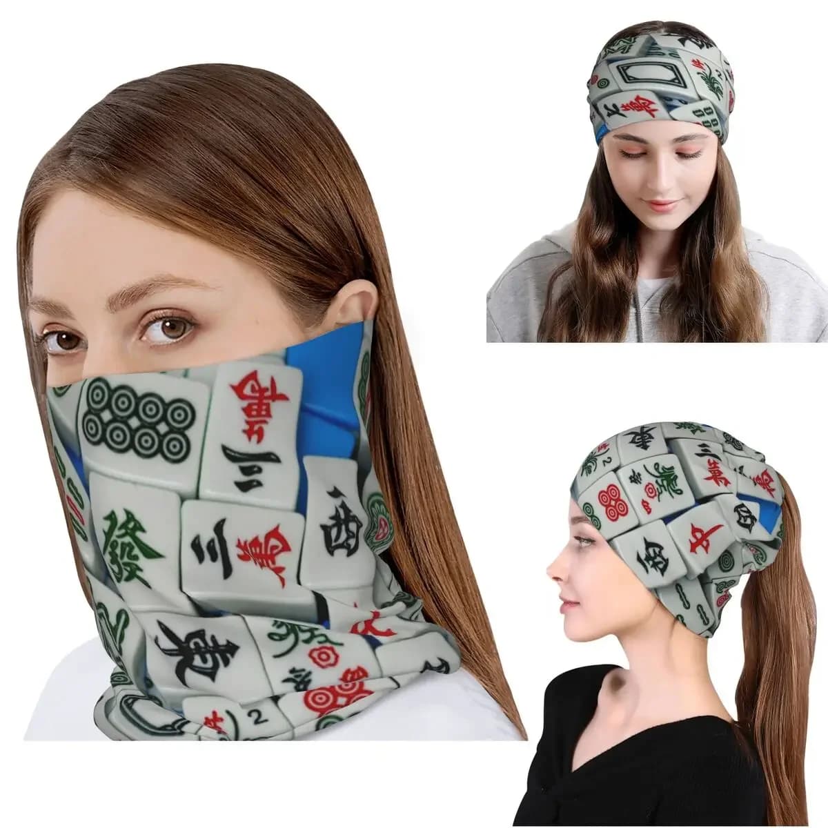 Mahjong Tile Pattern Bandana Neck Cover Mask Scarf Multi-use Headband Beanies Hat Unisex Adult All Season