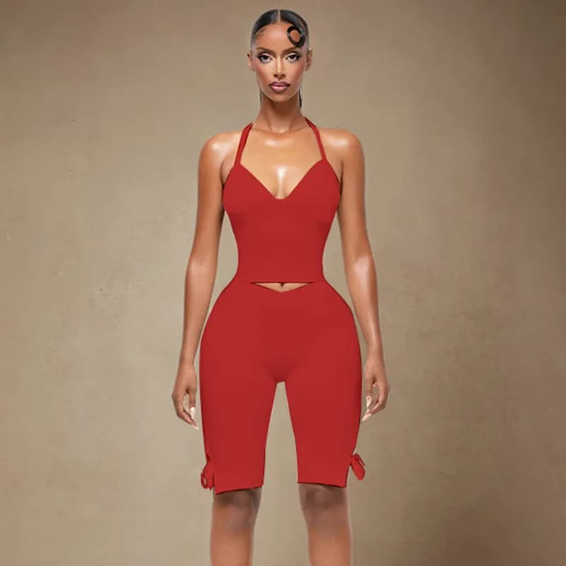 Women's Summer Causal Halter Tie Backless Tube Top Set Bow Hem Solid Color 2 Piece Outfits