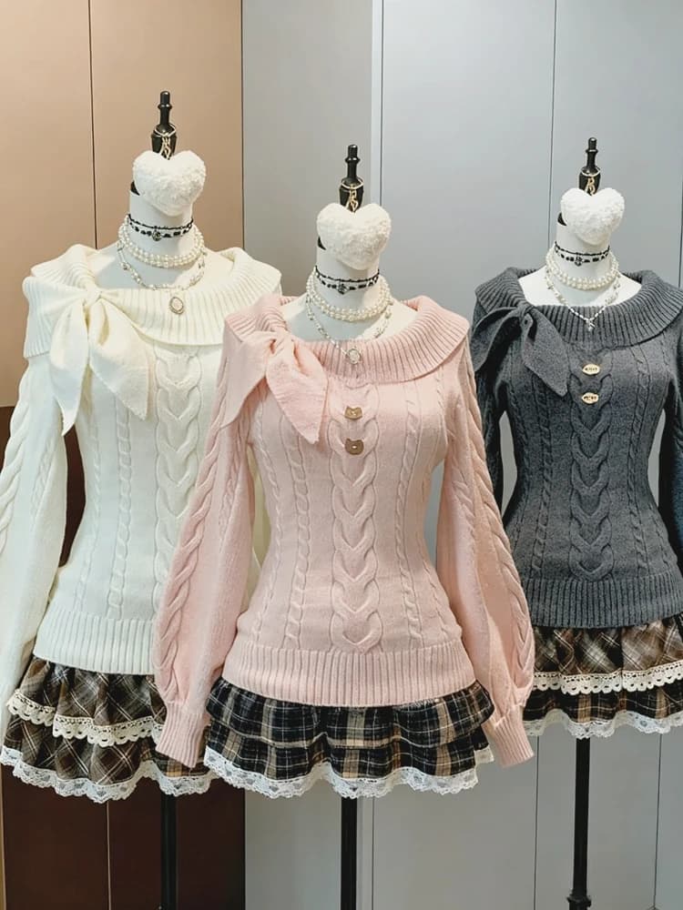 2026 Primavera Fiocco Sottile Pullover Lavorato A Maglia Femminile Dolce Pizzo Giapponese Maglione Allentato Office Lady Autunno Y2k Inverno Sottile Maglione Abiti