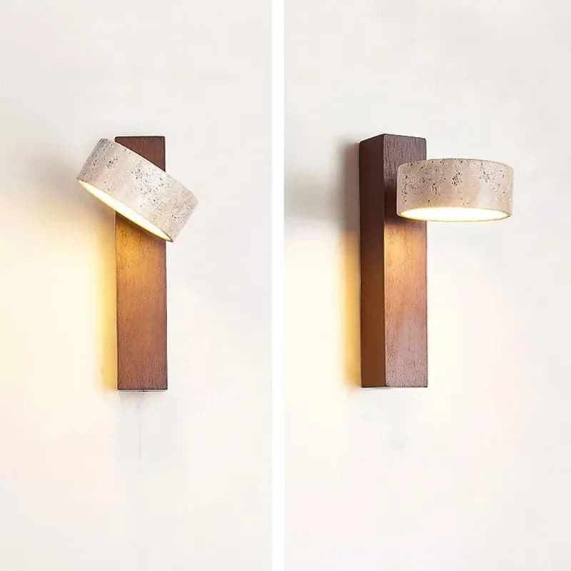Lampada da Parete in Travertino Giallo Stile Wabi Sabi, Design Giapponese con Interruttore a Catenella, LED Orientabile in Legno e Pietra per Comodino e Arredo Appartamento