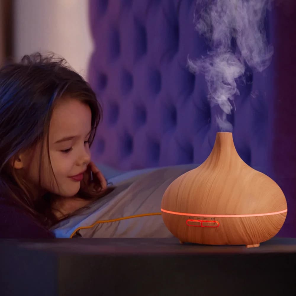 Diffusore per aromaterapia con venature del legno giallo con 6 oli essenziali, umidificatore a nebbia fredda ad ultrasuoni da 550 ml con telecomando