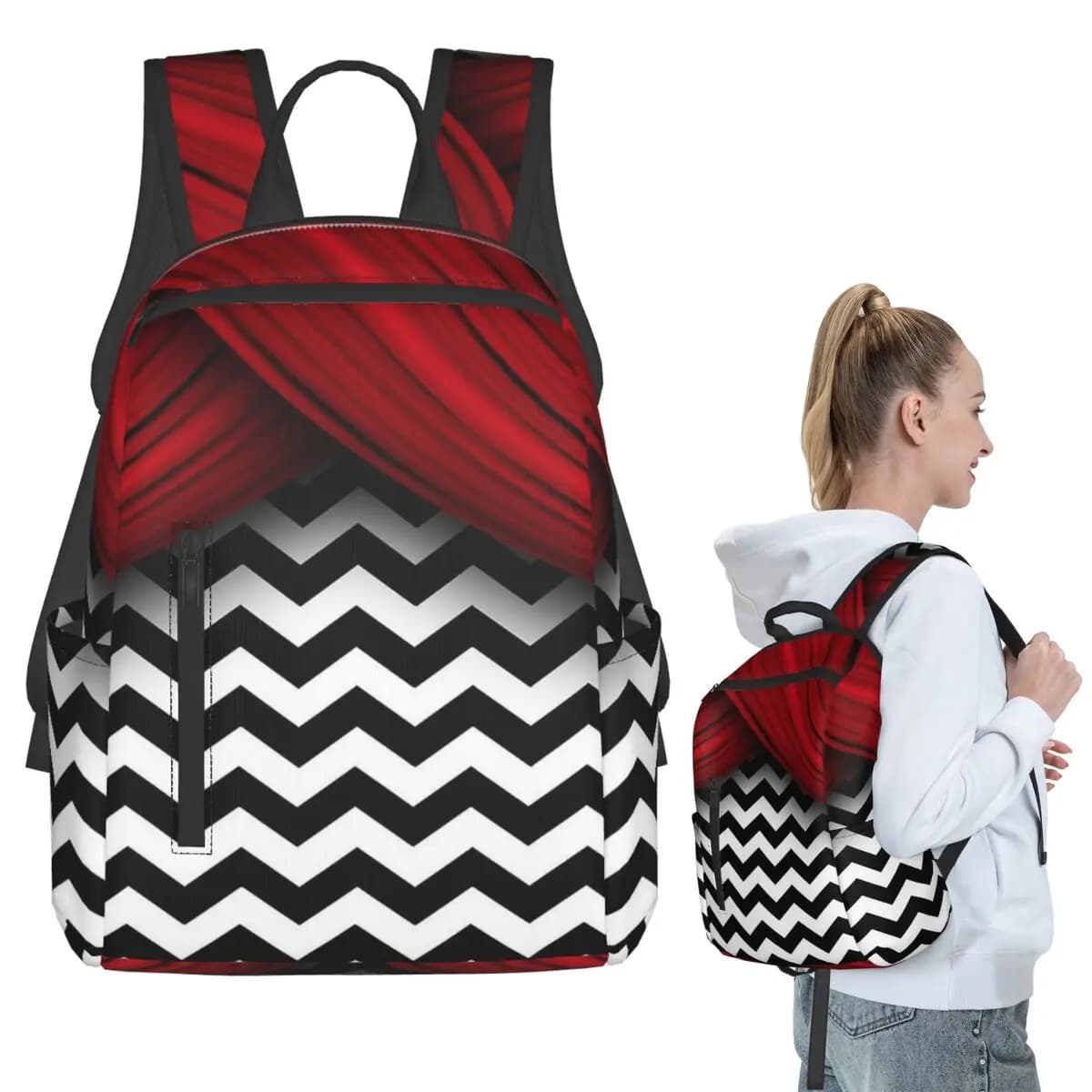 Twin Peaks Red Curtains Zaino Chevron in bianco e nero Borsa per libri per studenti Borsa per la scuola per bambini Borse a tracolla per laptop per uomo e donna