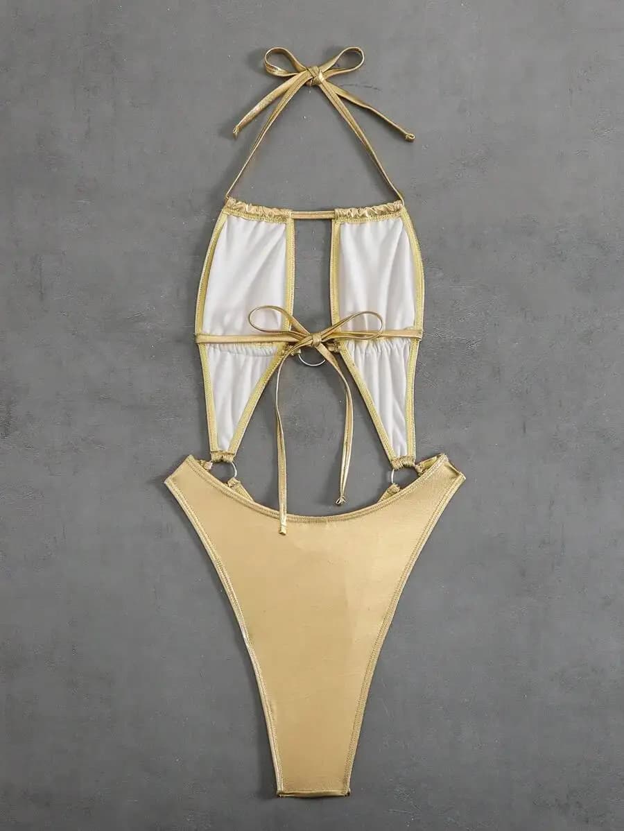 Metallic Cut Out Halter Neck One Piece Swimsuit For Women Summer Beach Festival Outfit