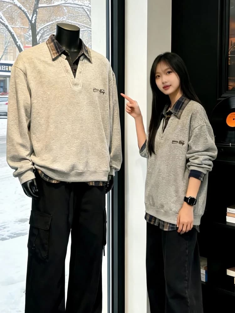 Felpa con cappuccio da uomo in stile americano, effetto due pezzi, a maniche lunghe, scollo a V, foderata in pile, strato base per autunno inverno