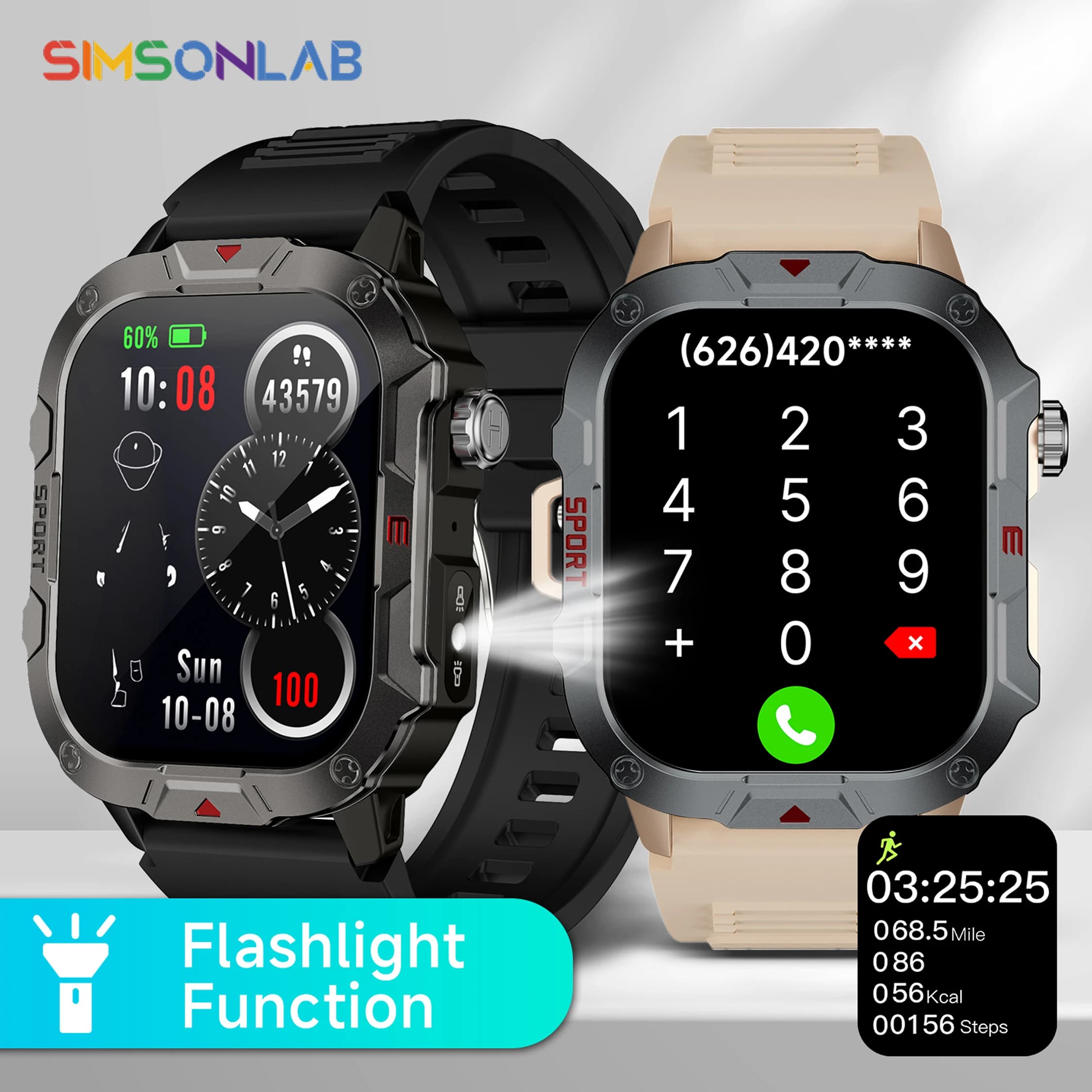 Smartwatch con Torcia LED, Schermo Ultra Grande da 2.01 Pollici, Assistente Vocale, Wireless, Antiurto, Antipolvere, Impermeabile, Notifiche Intelligenti