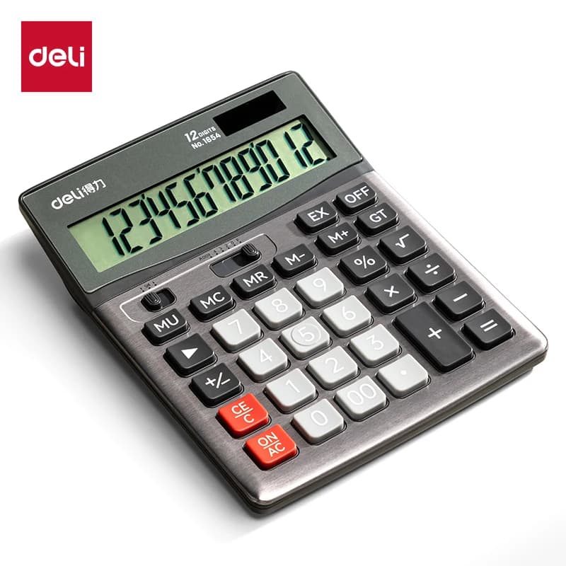 Deli 1654 Calcolatrice a doppia alimentazione con display grande a 12 cifre Spegnimento automatico del pannello metallico Imballaggio al dettaglio con batteria solare e AA